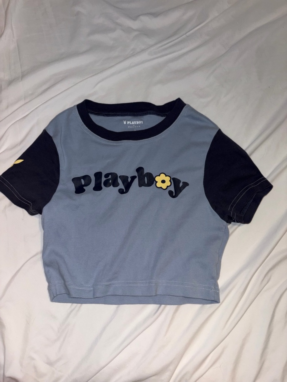 PacSun Blue Playboy Crop Tee with Yellow Flower